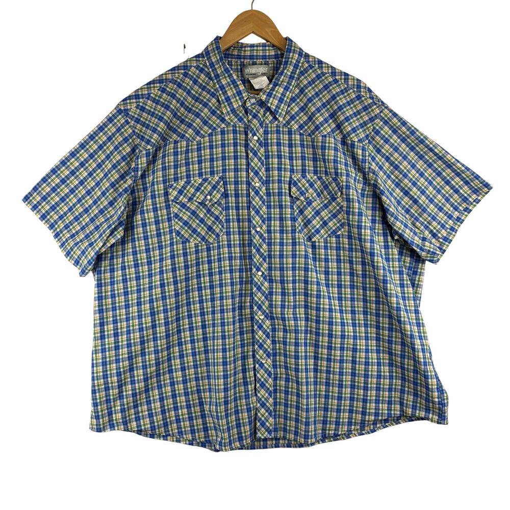 Vintage Wrangler Wrancher Pearl Snap Shirt Men's 3XB Blue Yellow Plaid Western